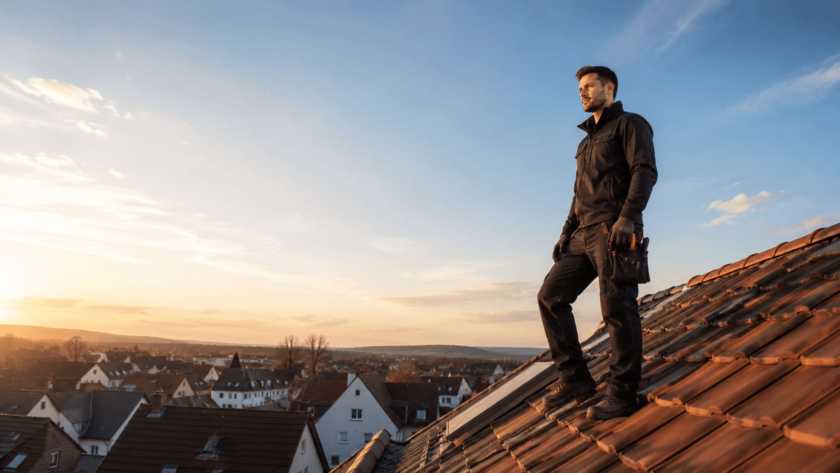 Dachdecker auf einem Ziegeldach bei Sonnenuntergang mit Blick über die Dächer der Stadt